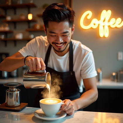 AI-generated photo: Photorealistic lifestyle photography of a specialty coffee creator mid-pour latte art at a sunlit ma...