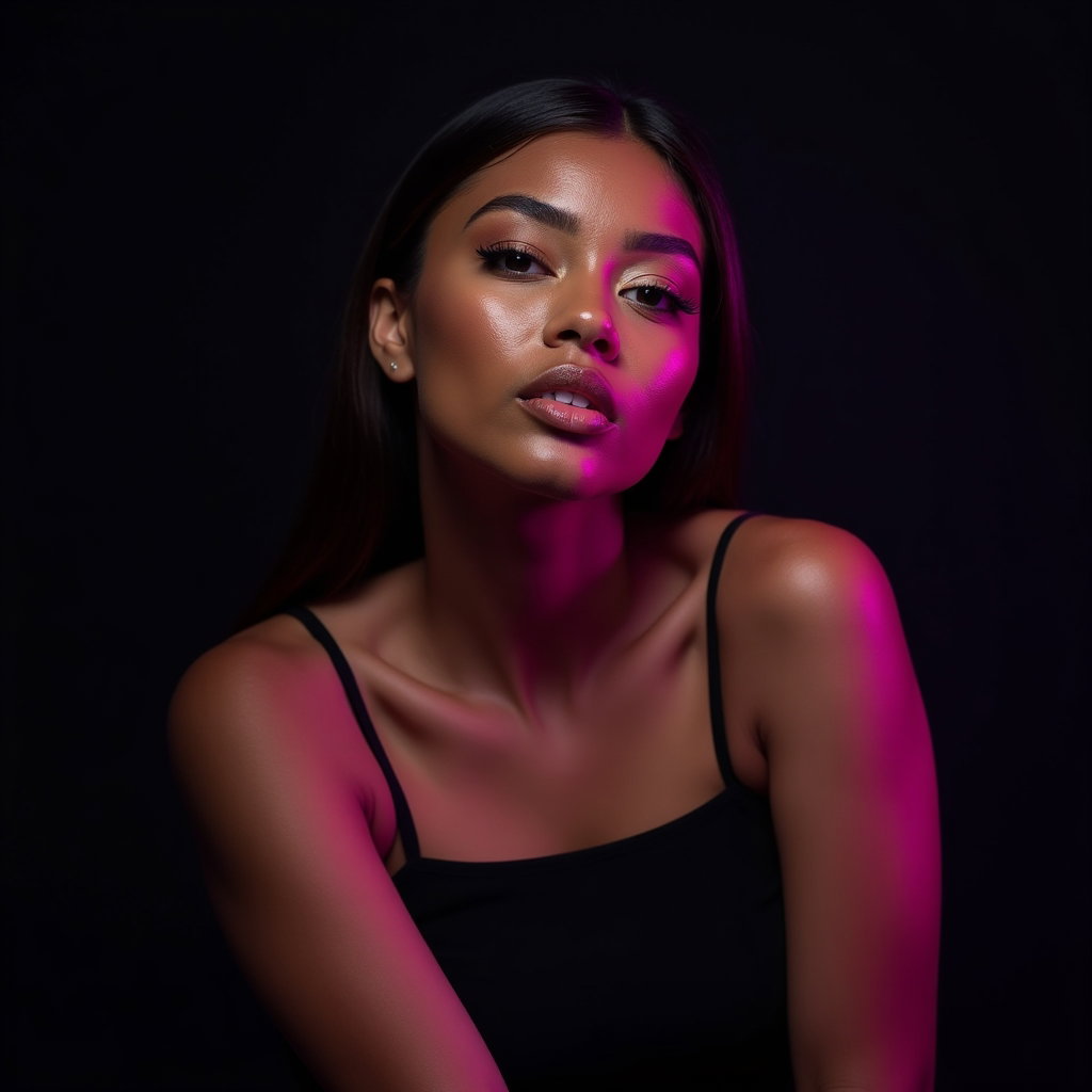 AI-generated photo: Photorealistic studio portrait. The subject is posed in a confident, slightly leaned-forward stance,...