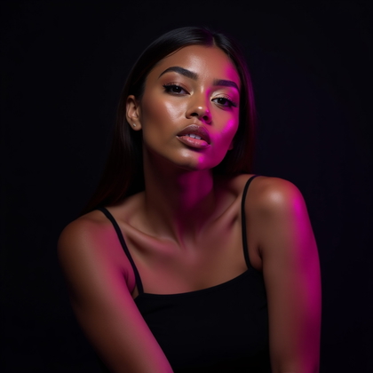 AI-generated photo: Photorealistic studio portrait. The subject is posed in a confident, slightly leaned-forward stance,...