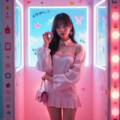 AI-generated photo: Photorealistic editorial photography, a kawaii solo fashion concept set inside a purikura-inspired b...