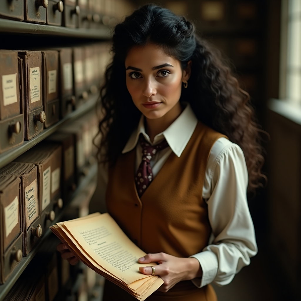 Archive Drawer: Cinematic close portrait at an old card-and-file archive station, one visible person standing over a half-open drawer filled with…