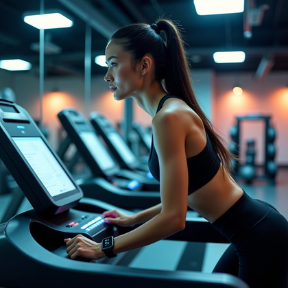 AI-generated photo: Photorealistic fitness photography of a dynamic lean-in start on a commercial treadmill in a modern ...