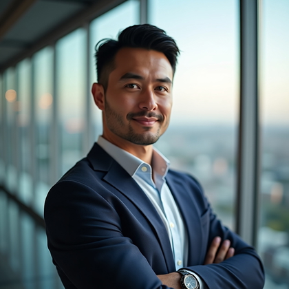 LinkedIn photo. Environmental office portrait beside floor-to-ceiling glass with soft daylight as the key and warm practicals glowing in the background, shallow background blur on a modern cityscape, and a relaxed stance with shoulders angled slightly and eyes directly to camera for an approachable tone. Tailored blazer, neat shirt, minimal accessories, and a balanced composition with the face dominant in frame and evenly lit for resume-ready clarity.