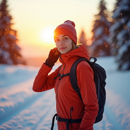 AI-generated photo: Photorealistic active lifestyle portrait on a gentle ski slope at sunset with the sun cresting behin...