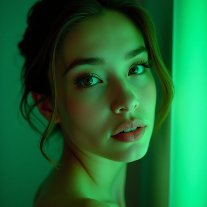 AI-generated photo: Photorealistic beauty portrait photograph, close-up of the face with a strong green color cast from ...