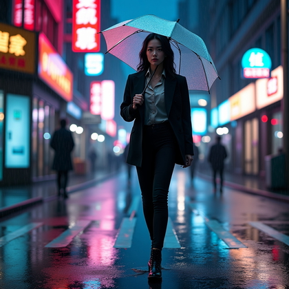 AI-generated photo: Photorealistic urban nightlife photography: rainy city street at night with neon signage reflected i...