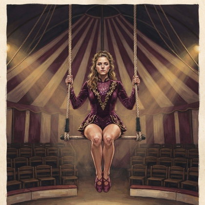 A single subject sits on a low trapeze inside an empty circus tent, holding the ropes with both hands. A tailored plum performance costume stands out against striped canvas and unlit ringside seats. Warm spotlights cut through a faint haze; symmetrical full-body composition, expressive gouache-poster style.
