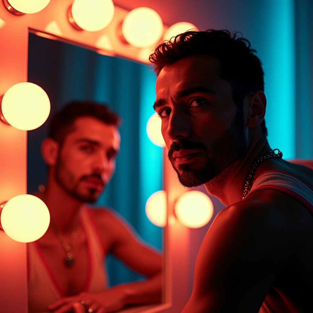 Tight Face Close-Up Pop Star Album Cover Photos example: Photorealistic pop star album cover photo. Environmental portrait in a neon-lit backstage dressing room, the subject sea