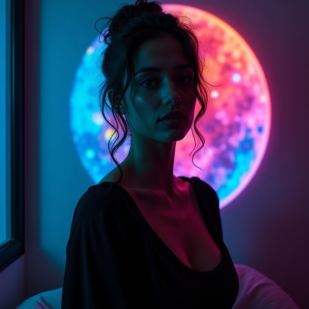 AI-generated photo: Photorealistic portrait photography. The person stands in a dim room by a window at night, facing th...