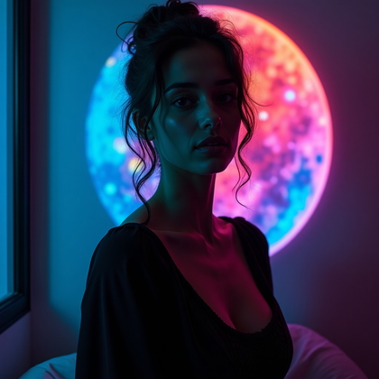 AI-generated photo: Photorealistic portrait photography. The person stands in a dim room by a window at night, facing th...