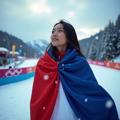 AI-generated photo: Photorealistic lifestyle sports photography. A person stands at the edge of a snowy track with Olymp...