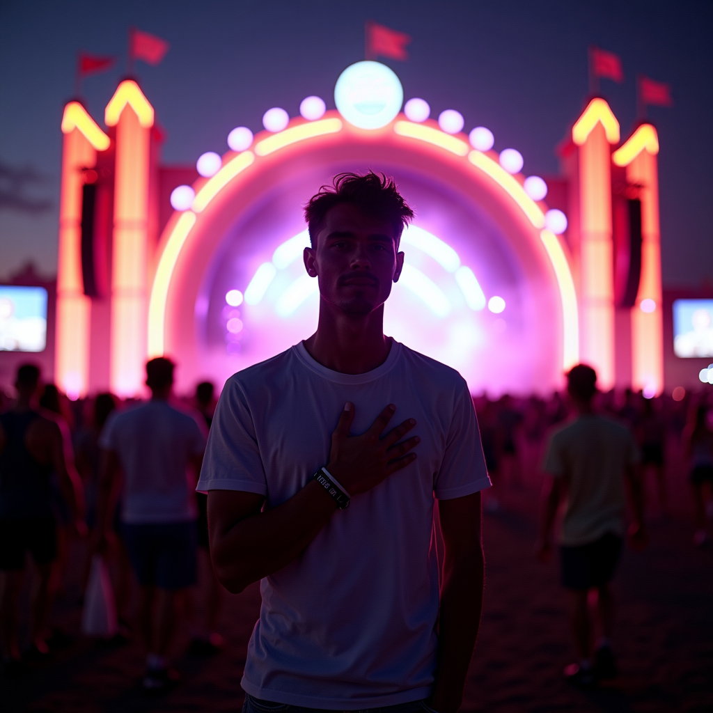 After-Dark Flash Portrait With Afterglow Energy example: Photorealistic festival environmental portrait photography. The subject is framed from mid-distance in front of a massiv