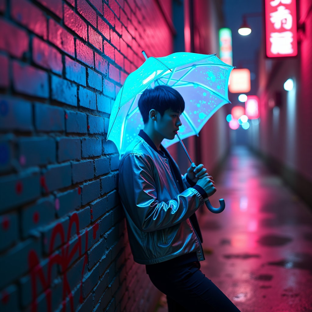 AI-generated photo: Photorealistic lifestyle fashion photo. A person leans against a graffiti-covered brick wall in a ne...