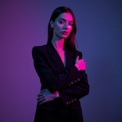 AI-generated photo: Photorealistic neon editorial portrait photo with a micro-pinhole constellation gobo disc gelled ult...