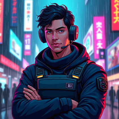 AI-generated photo: Stylized cyberpunk-inspired digital illustration, designed as a bold gaming avatar portrait that scr...