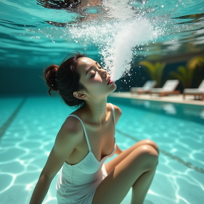 AI-generated photo: Photorealistic underwater portrait photography, three-quarter body shot taken in a shallow, sunlit r...