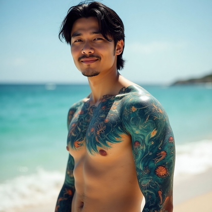 AI-generated photo: Photorealistic photography of a man with a full sleeve tattoo depicting a vibrant, abstract underwat...