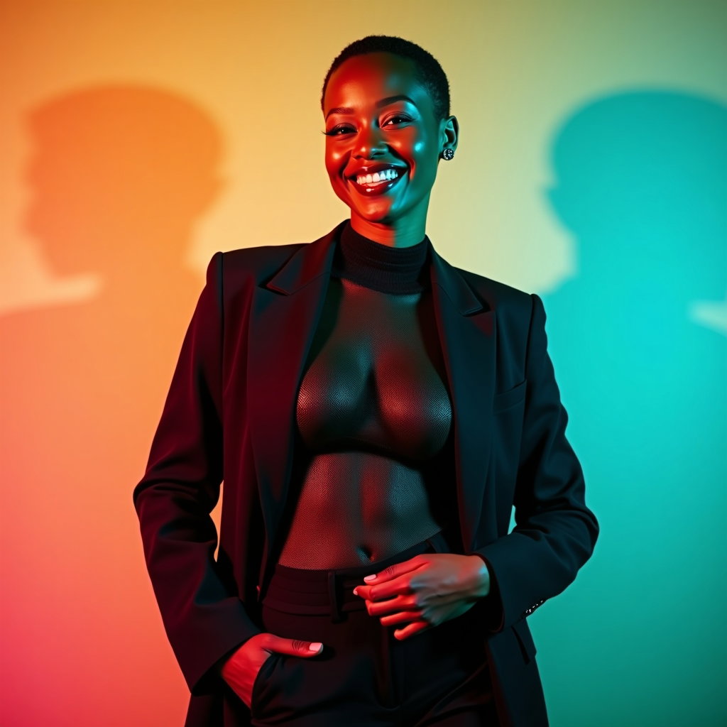 Gender-Expressive Pride Portraits With Confident Posing example: Photorealistic portrait photography, half-body portrait with the subject standing at a slight angle, one hand on the hip