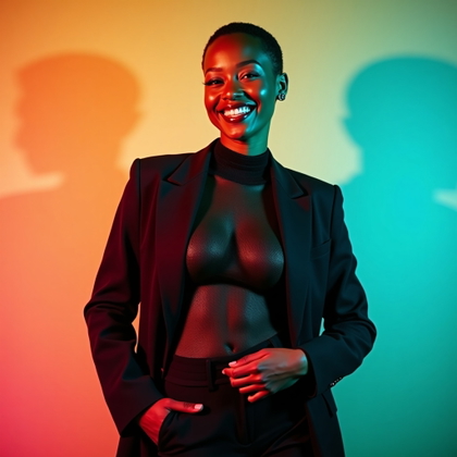 Gender-Expressive Pride Portraits With Confident Posing example: Photorealistic portrait photography, half-body portrait with the subject standing at a slight angle, one hand on the hip