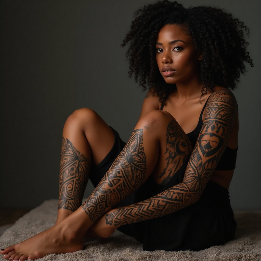 AI-generated photo: Photorealistic photography of a woman with a striking tribal tattoo covering her lower leg, wrapping...