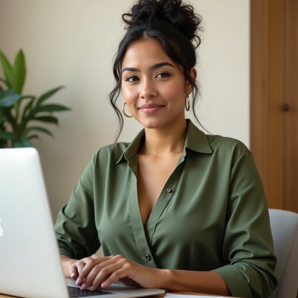 Entretien vidéo à distance : portrait à mi-corps dans un coin bureau calme d’un appartement, pensé pour un entretien en visioconférence plutôt que pour une tenue complète de bureau.