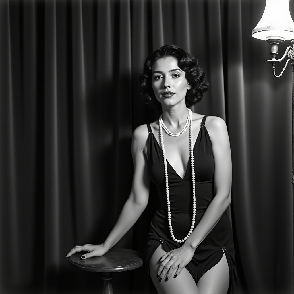 AI-generated photo: Authentic 1920s gelatin silver portrait photograph: three-quarter length pose against a velvet curta...