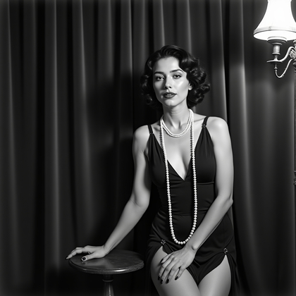 AI-generated photo: Authentic 1920s gelatin silver portrait photograph: three-quarter length pose against a velvet curta...