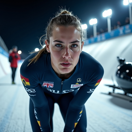 AI-generated photo: Photorealistic sports photography, wide horizontal shot of a bobsleigh brakeman in the finish area w...