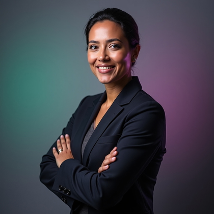 AI-generated photo: Professional studio headshot photography. A baseline one-color gel headshot in a modern corporate st...