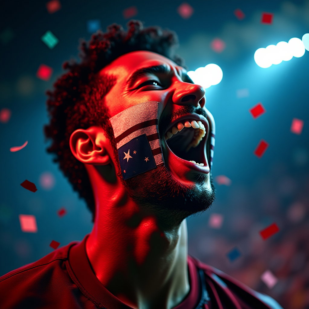 Victory Roar Celebration Portraits example: Photorealistic creative composite portrait photography. Studio-style victory roar portrait with the fan lit by projected