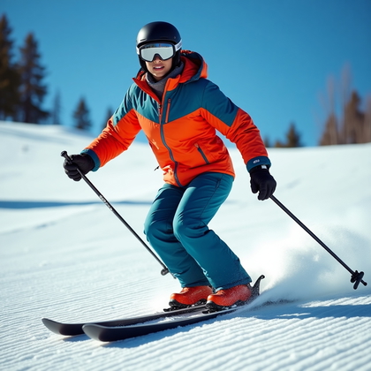 AI-generated photo: Photorealistic lifestyle ski photo showing a bold, grounded power stance on fresh corduroy, feet set...