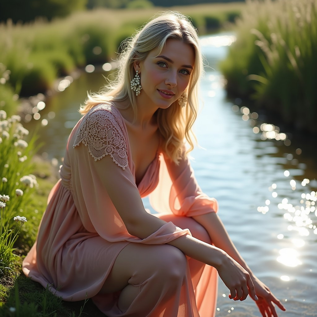 Reflet au bord du ruisseau : portrait en plan américain d’une seule personne visible accroupie à côté d’un coude ensoleillé d’un ruisseau peu profond, avec des roseaux et de petites fleurs blanches de berge…