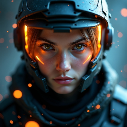 AI-generated photo: Photorealistic gaming character portrait photography. Tight, dramatic close-up of a battle-ready ava...