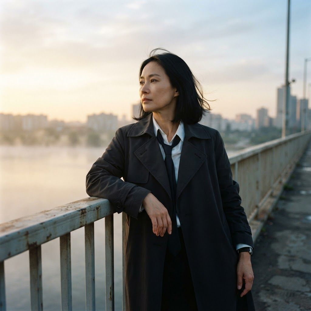 Dawn After The Case: A quiet sunrise portrait of the subject leaning on an empty bridge railing after the case is over, coat collar relaxed and tie slightly…