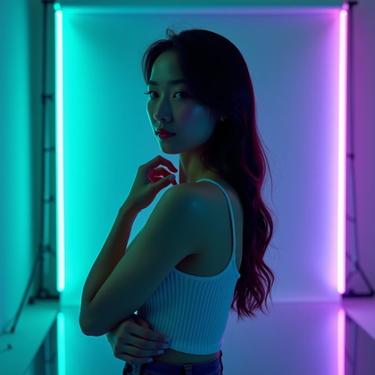 AI-generated photo: Photorealistic neon editorial portrait photo in a haze-softened studio where a turquoise-and-violet ...