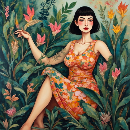 AI-generated photo: **Cubist painting**. A surreal garden scene where flora and fauna are abstractly intertwined with hu...