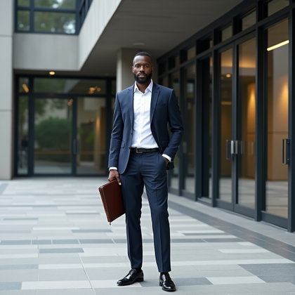 Corporate portrait photograph. Full-body vertical portrait outside a contemporary office building entrance, with the subject standing on polished stone paving in an open stance, one hand relaxed in a pocket and the other holding a slim leather portfolio. Use structured business clothing, soft overcast daylight, modern glass-and-concrete architecture, clean leading lines, and a confident executive mood.