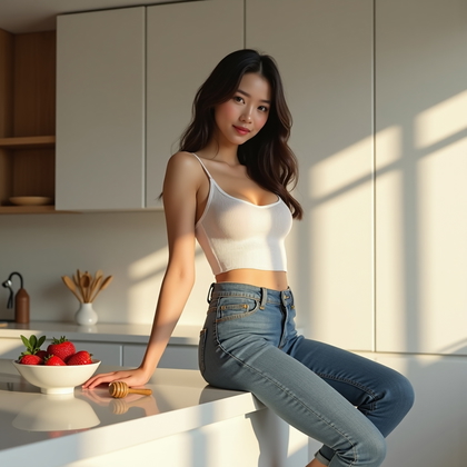 AI-generated photo: Photorealistic lifestyle photography in a minimalist white-and-warm-wood kitchen, the subject perche...