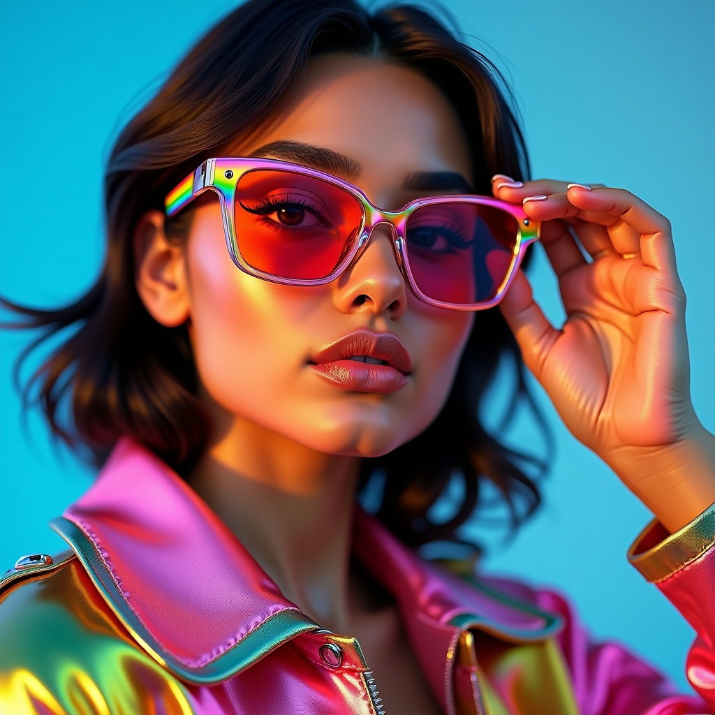 Bold Pride Fashion Editorial Portraits example: Photorealistic fashion editorial portrait. Tight close-up with the face clearly visible, chin slightly lifted, direct co