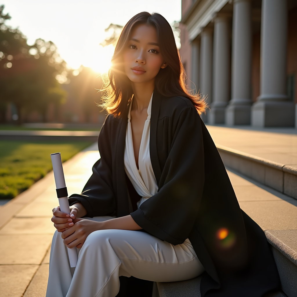 AI-generated photo: Fashion portrait photography, a reflective graduation portrait on quiet campus steps at golden hour,...