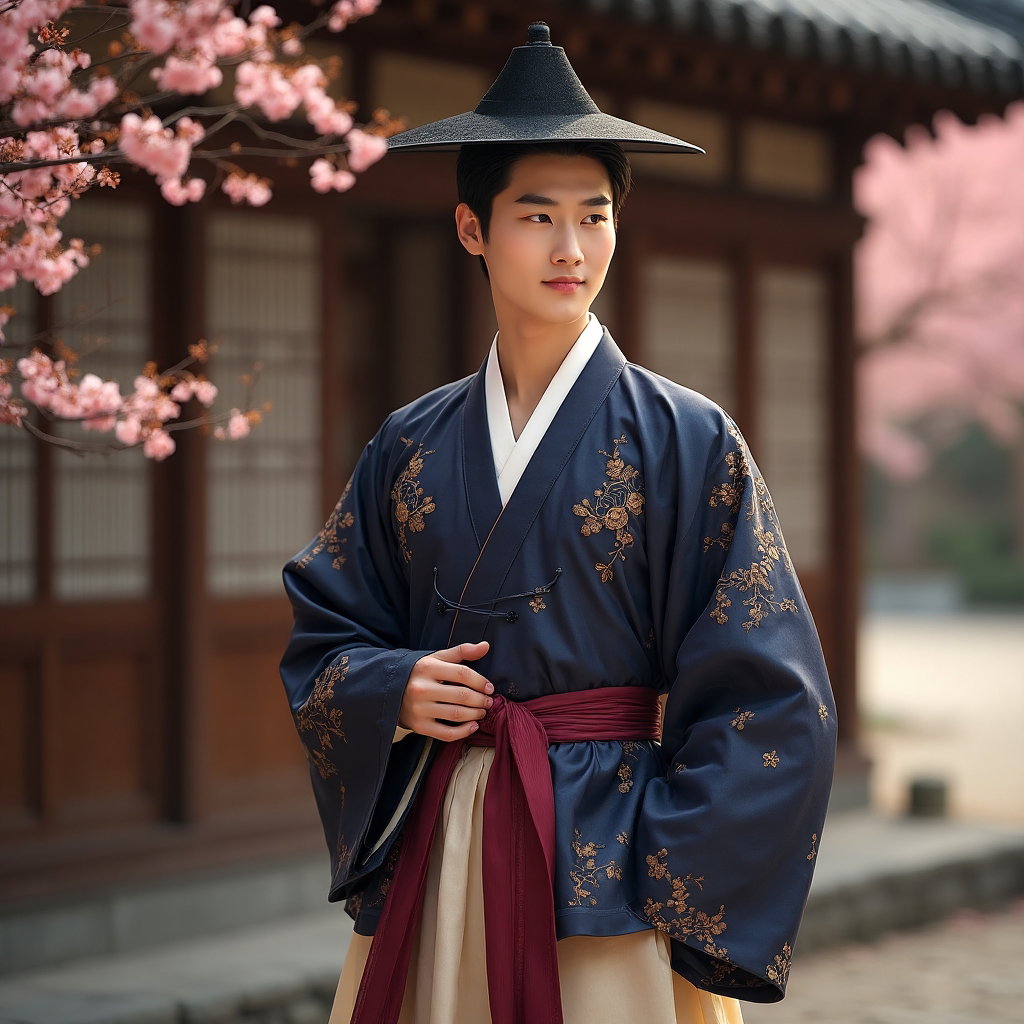 AI-generated photo: Cultural Attire Portrait featuring a man in a traditional South Korean hanbok, featuring a beautiful...