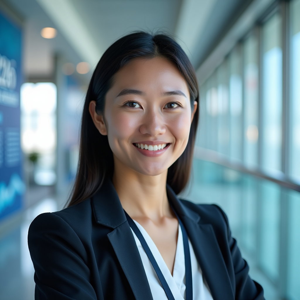 AI-generated photo: Professional headshot: healthcare operations director persona in a hospital corporate lobby with gla...
