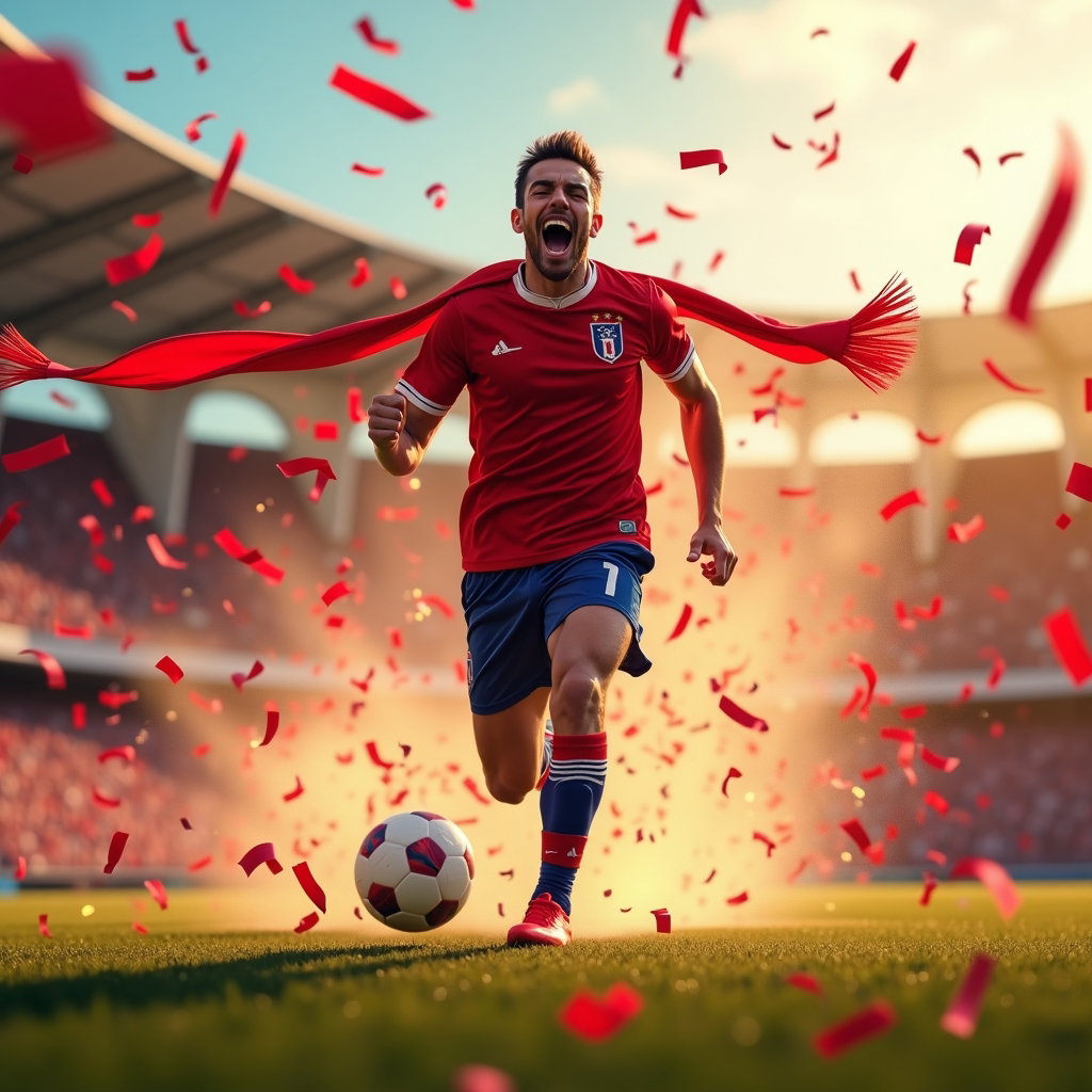 Victory Roar Celebration Portraits example: Photorealistic action portrait photography. The fan charges forward through fluttering streamers, scarf trailing behind,
