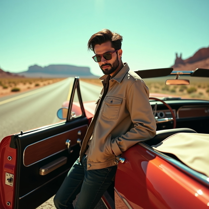 Photorealistic desert highway fashion-lifestyle portrait beside a vintage convertible, subject leaning casually against the open door with sunglasses loosely in hand and a direct, confident gaze into the camera so the face reads clearly; late-afternoon sun paints a warm rim light along the shoulders and kicks subtle flares through dust in the air. A lightweight jacket and fitted layers ripple in the breeze for dynamic movement, while cracked asphalt lines lead the eye into distant mesas; the composition balances car chrome, weathered road texture, and a deep blue sky for a cinematic road-trip mood.