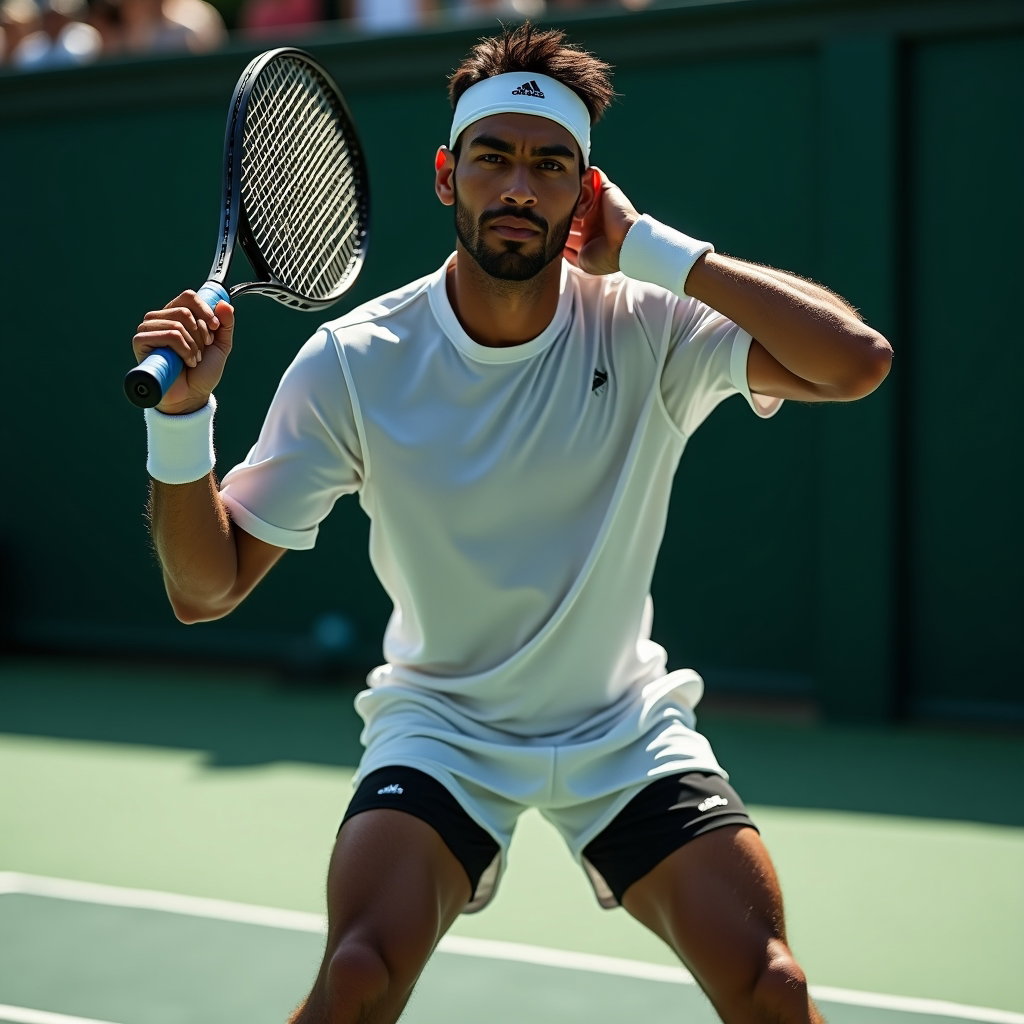 Confident Racket-Over-Shoulder Hero Portraits example: Photorealistic editorial hero image photography. Compose the subject in a low-angle power pose with the racket draped ov