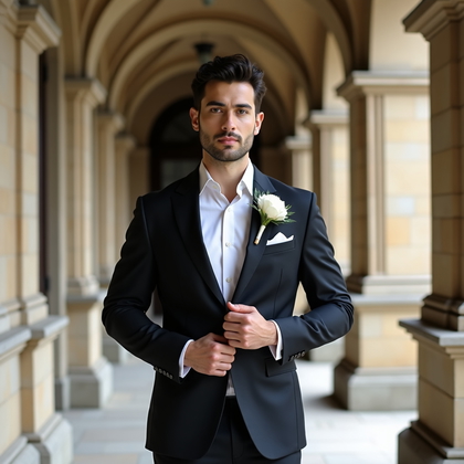 AI-generated photo: Photorealistic wedding photography portrait under a grand stone portico, the groom standing tall as ...