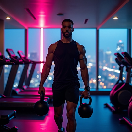 AI-generated photo: Photorealistic fitness photography of a farmer’s carry in a sky-high hotel gym at night, floor-to-ce...