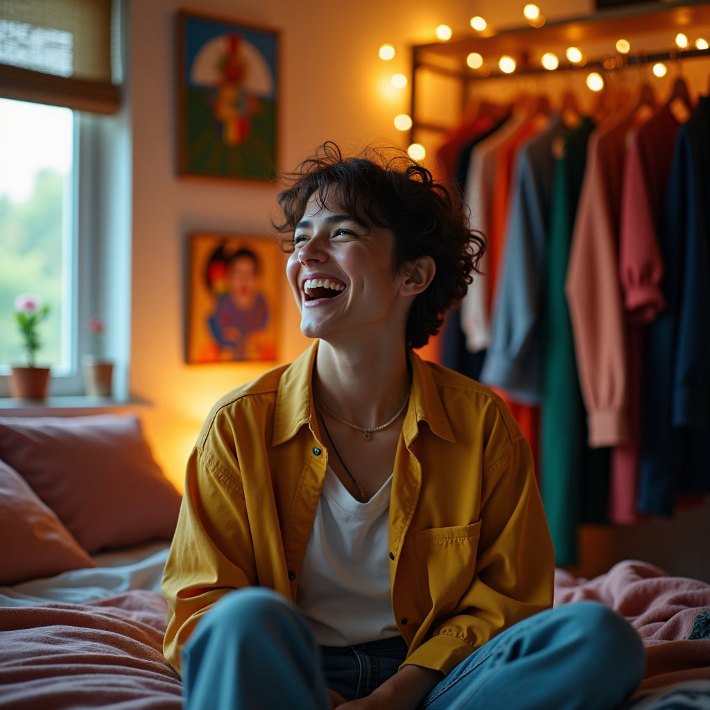 Queer Joy Laughing Portraits example: Photorealistic environmental portrait photography. A laughing portrait in a cozy bedroom or home studio decorated with p