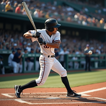 AI-generated photo: Photorealistic sports action photograph with a dramatic, broadcast-ready feel: the hitter, framed wa...