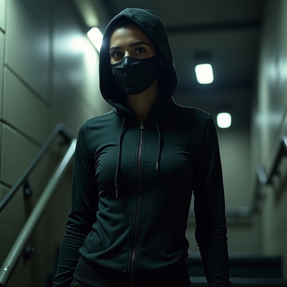 AI-generated photo: Photorealistic gaming avatar portrait photograph. The subject stands in a dimly lit, industrial-styl...